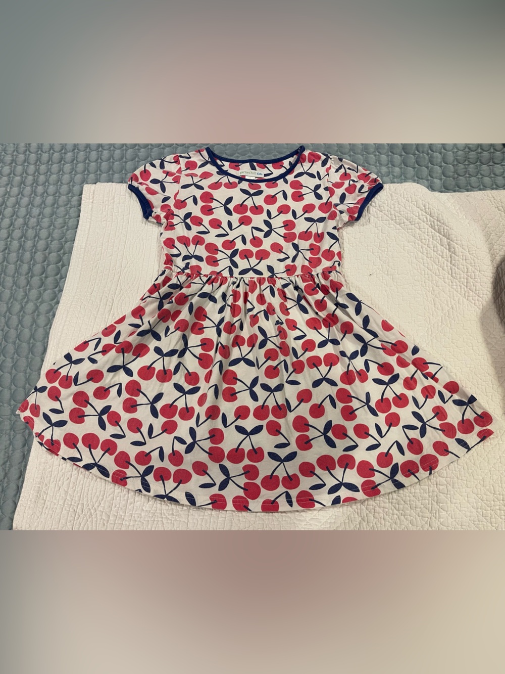 Garnet Hill Cherry Short Sleeve Twirl Dress White, Red Navy Sz 8 100% Cotton